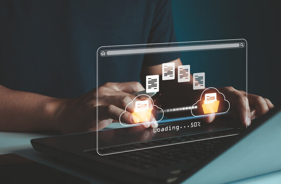 Cloud technology internet concept. Download data exchange. Transfer business folder data system relocation. Man use computer laptop waiting transfer file migration process, loading bar icon on screen.