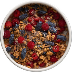 A healthy smoothie bowl breakfast with granola, raspberries, blueberries, haskap, chia...- Ready to use Premium PNG Cutout Isolated image, top view