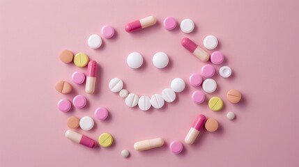 Pills and capsules arranged in a smile shape on pink background representing happiness and positive mental support