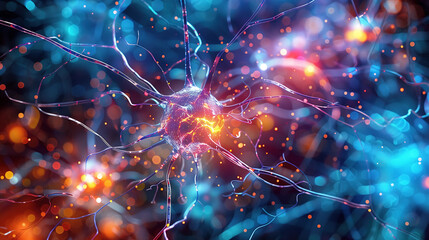 A colorful brain with many neurons and a red blob in the middle