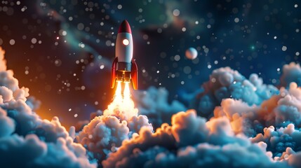 Envision a dynamic 3D render: the launch of a new product or service portrayed through a technology development process, reminiscent of a space rocket liftoff 