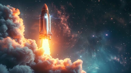 Envision a dynamic 3D render: the launch of a new product or service portrayed through a technology development process, reminiscent of a space rocket liftoff 