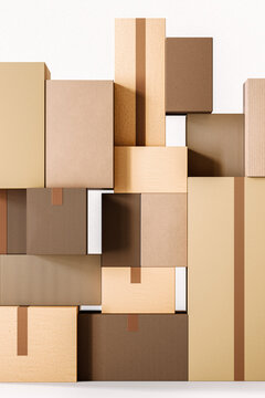 Lot Of Delivery Cardboard Boxes On A White Background