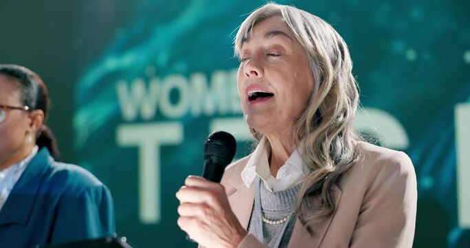 Workshop, speaker and talking with tablet, stage and mature woman with advice for youth in technology. Presentation, reading and gender equality of people, feminism and motivation for empowerment