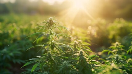 image of a hemp plant thriving in a sunny field, representing sustainable and environmentally friendly farming practices