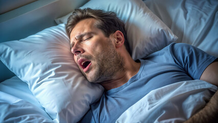 Fototapeta premium The problem of male snoring, apnea. Sound men's sleep. Man sleeping in bed.