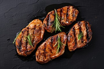 Top view of BBQ pork loin and neck steaks on black background
