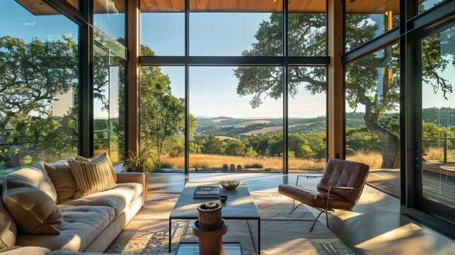 Expansive glass windows offering views of a picturesque landscape