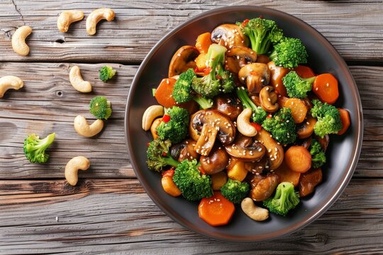 Top view of a plate with Chinese stir fried vegetables and cashews