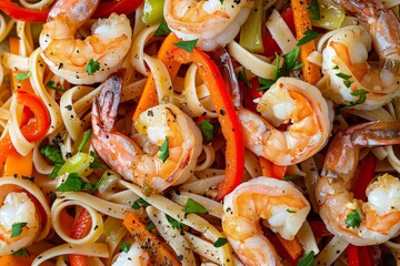 Top view of delicious seafood pasta dish with shrimp fettucine noodles veggies nuts and sauce