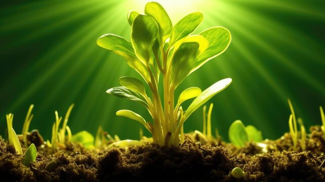 Fresh sprout grow with abundant soil and light. Outdoor gardening on land under sunlight with natural environment. Green sapling convey sense of growth, refreshment perfect for ecology poster. AIG35.