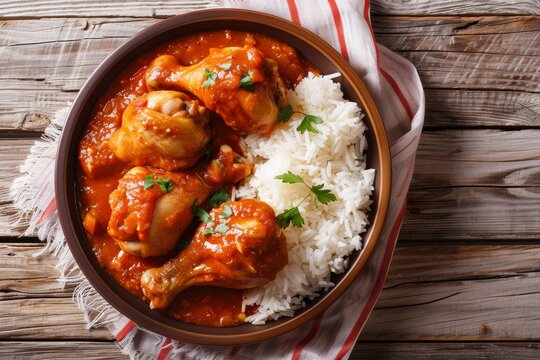 Top view of Mafe a popular West African dish chicken in peanut sauce on a plate