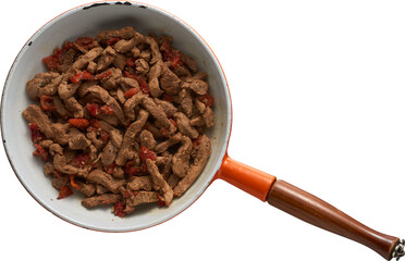 Pork slice tender, tenderloins in a cauldron, pan, cooking, - Ready to use Premium PNG Cutout Isolated image, top view