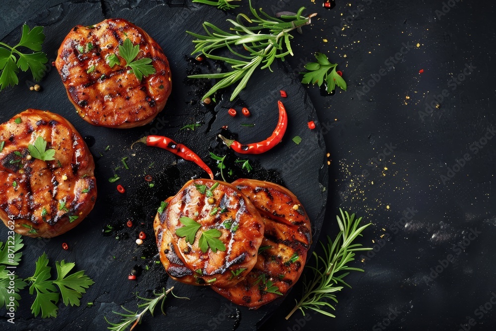 Poster top view of tender bbq grilled pork medallions on black background with room for text