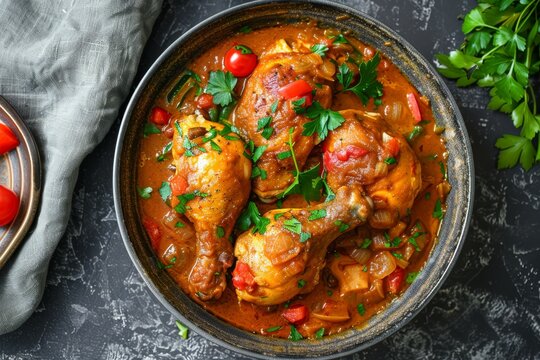 Top view of West African Chicken Mafe stew with peanut coconut sauce on a plate
