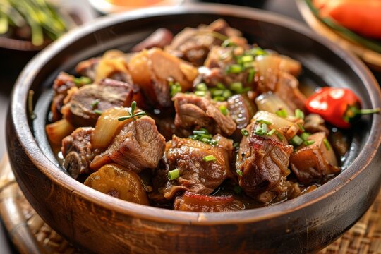Traditional Filipino dish made with pork heart lungs garlic onions vegetables and spices