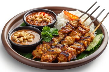Traditional Malaysian dish featuring fried satay rice cubes and peanut sauce on a plate isolated with white background and blurred background