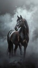Fototapeta premium Black stallion in fog with dramatic lighting, majestic and powerful concept