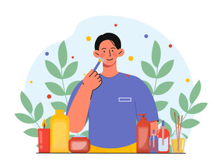 Man with skin care. Young guy with lotions and creams, moisturizer. Beauty procedures and treatment. Character applying makeup to face. Flat vector illustration