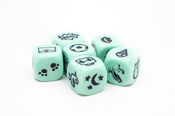 Set of Six Green Story Dice with Black Icons on White Background