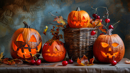 image of 3 halloween pumpkins and a cherry basket.