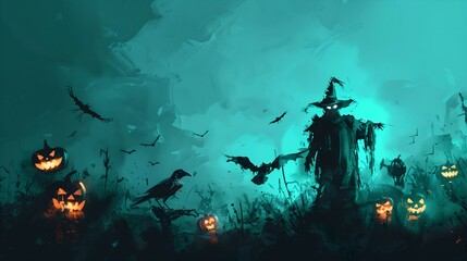 Obraz premium Halloween Cute Characters with Pumpkins, Bats, and Skeletons on Pink Background 