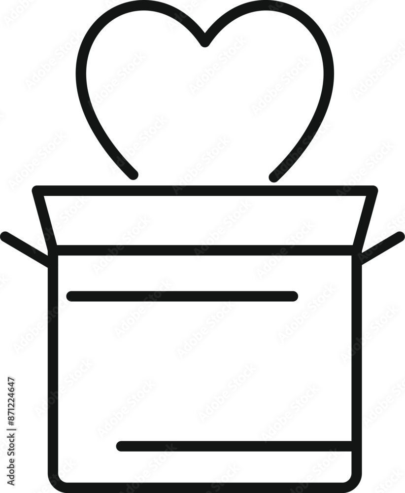 Poster open rectangular gift box with a heart appearing from inside, simple black thin line icon