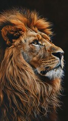 Portrait of a majestic lion with detailed mane on dark background, wildlife photography concept