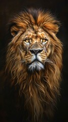 Fototapeta premium Portrait of a majestic lion with golden mane against a dark background, wildlife and nature concept