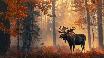Moose in autumn forest with warm sunlight, nature wildlife