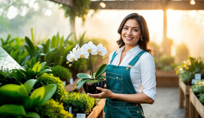 Young adult Indian woman, portrait of florist holding flowerpot with orchids at plant shop, gardener owner of small business working at greenhouse, successful entrepreneur smiling surrounded by plants