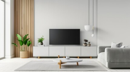 Living room interior have cabinet for tv and gray sofa in white room.