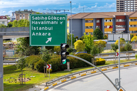 Traffic Sign Directing to Sabiha G&ouml;k&ccedil;en Airport, Istanbul, and Ankara