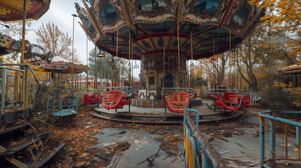 Abandoned Carousel in Overgrown Amusement Park, Autumn Scene