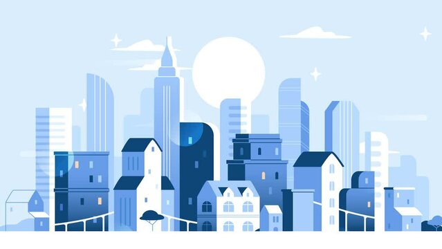Modern cityscape concept. Moving banner with scyscrapers and modern buildings. Urban zona and area. Panorama with architecture of houses. City street. Cartoon style animated video clip
