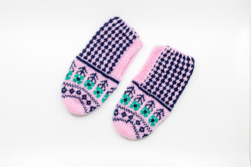 Hand-Knitted Pink and Navy Woolen Socks with Floral Pattern