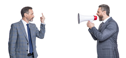 Fototapeta premium business man promoter has conflict. businessman promoting idea for business. promotion concept. business promotion ideas. businessman shouting in loudspeaker isolated on white. middle finger
