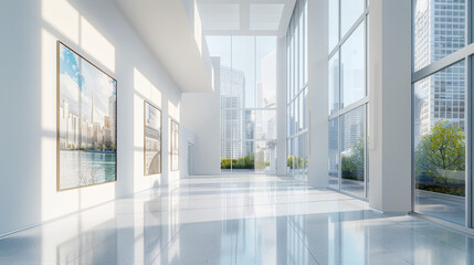 Fototapeta premium A minimal interior architecture featuring a bright color tone private museum space with modern contemporary design and perfect natural lighting