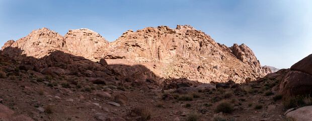 Rocky desert mountains in arid landscape, panoramic view