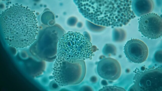 A close-up image of green algae under a microscope. The algae is visible in various shapes and sizes