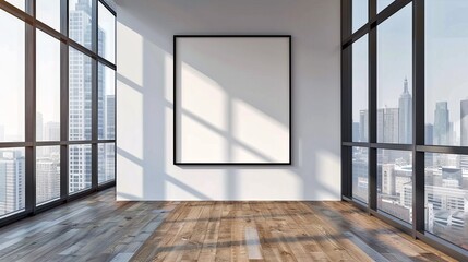 Obraz premium Sunlit modern office space with large blank canvas for artwork or branding. Minimalist open area designed for business uses and creative display.