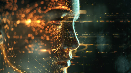 Digital art of an AI head composed of glowing data points and lines, symbolizing the integration of artificial intelligence in technology.