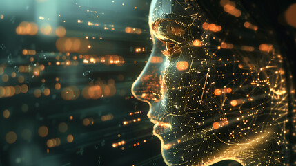 Digital illustration of an AI head with glowing data connections, representing artificial intelligence and technology in digital marketing. 