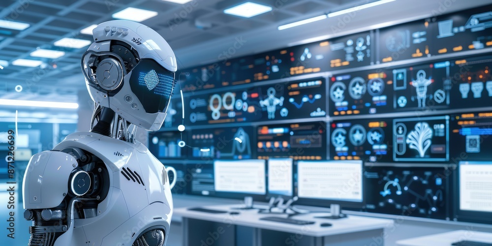 Poster futuristic cybersecurity command center featuring multiple screens, data analytics, and world map in