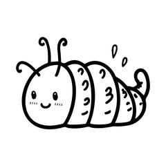 Adorable black and white doodle of a caterpillar with a smiling face, perfect for playful and nature-themed designs.