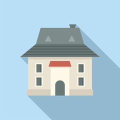 Simple and modern private residential house with grey roof and red canopy is standing on blue background