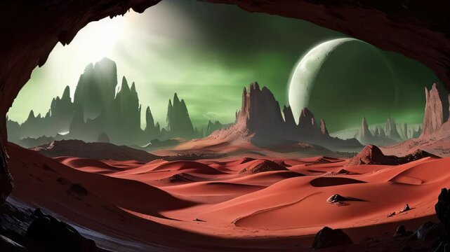 Fantastic martian landscape in rusty orange shades, Mars surface, Desert, Cliffs, sand. Alien landscape. Red planet mars. High quality 4k footage