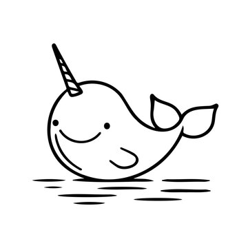 recommend clip art: Adorable black and white illustration of a narwhal, perfect for children's designs and educational materials.