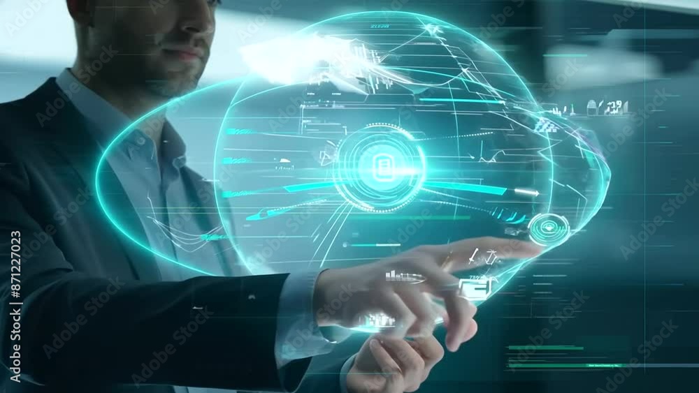Poster an analyst dynamically swipes through layers of a holographic demographic chart, illustrating advanc