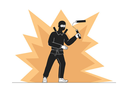 recommend clip art: Ninja with nunchucks. Traditional asian and japanesse warrior with weapon in hands. Young guy in mask with martial arts. Linear vector illustration